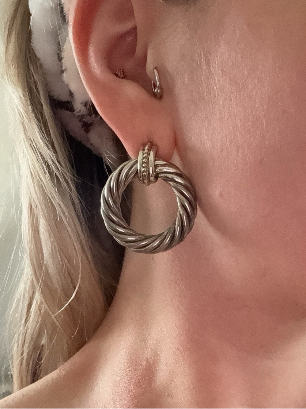 Twisted Hoop Drop Earrings - Silver and Gold Tone